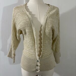 Covington V-Neck Beige Glitter Cardigan Sweater 3/4 Sleeves Sz M Scalloped Trim